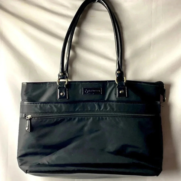 FRANKLIN COVEY VEGAN LEATHER BAG BLACK SILVER ACCENTS BLACK WHITE STRIPE LINING - Picture 1 of 12